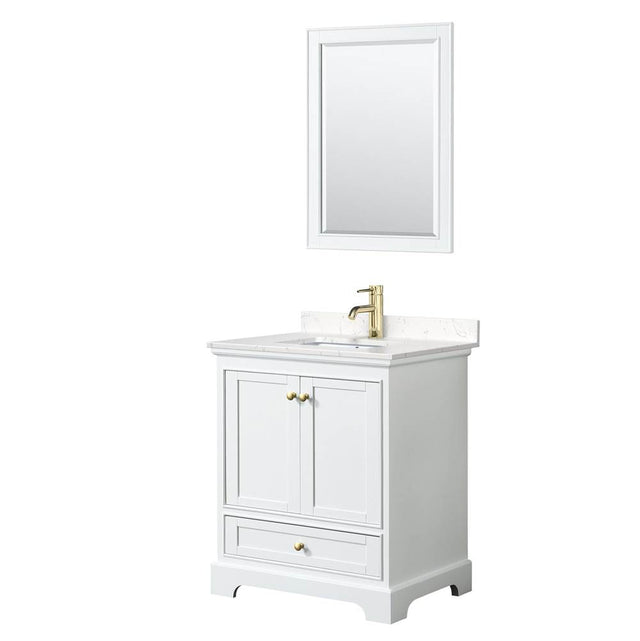 Wyndham Collection - Deborah 30 Inch Single Bathroom Vanity in White, Carrara Cultured Marble Countertop, Undermount Square Sink, Brushed Gold Trim, 24 Inch Mirror