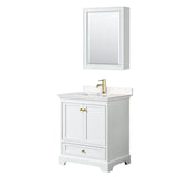 Wyndham Collection - Deborah 30 Inch Single Bathroom Vanity in White, Carrara Cultured Marble Countertop, Undermount Square Sink, Brushed Gold Trim, Medicine Cabinet