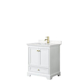 Wyndham Collection - Deborah 30 Inch Single Bathroom Vanity in White, Carrara Cultured Marble Countertop, Undermount Square Sink, Brushed Gold Trim, No Mirror