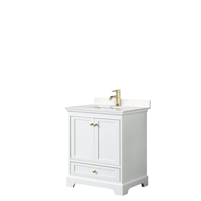 Wyndham Collection - Deborah 30 Inch Single Bathroom Vanity in White, Carrara Cultured Marble Countertop, Undermount Square Sink, Brushed Gold Trim, No Mirror