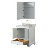 Deborah 30 Inch Single Bathroom Vanity in White, White Carrara Marble Countertop, Undermount Oval Sink, Brushed Gold Trim, Medicine Cabinet