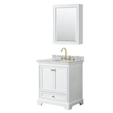 Wyndham Collection - Deborah 30 Inch Single Bathroom Vanity in White, White Carrara Marble Countertop, Undermount Oval Sink, Brushed Gold Trim, Medicine Cabinet