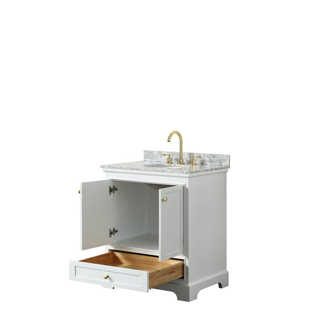 Deborah 30 Inch Single Bathroom Vanity in White, White Carrara Marble Countertop, Undermount Oval Sink, Brushed Gold Trim, No Mirror