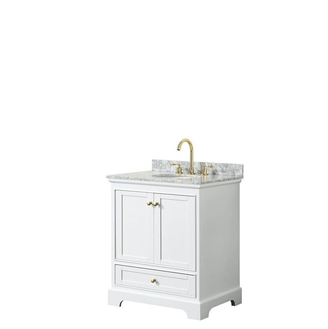 Wyndham Collection - Deborah 30 Inch Single Bathroom Vanity in White, White Carrara Marble Countertop, Undermount Oval Sink, Brushed Gold Trim, No Mirror