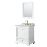 Wyndham Collection - Deborah 30 Inch Single Bathroom Vanity in White, White Carrara Marble Countertop, Undermount Square Sink, Brushed Gold Trim, 24 Inch Mirror