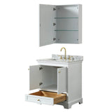 Deborah 30 Inch Single Bathroom Vanity in White, White Carrara Marble Countertop, Undermount Square Sink, Brushed Gold Trim, Medicine Cabinet