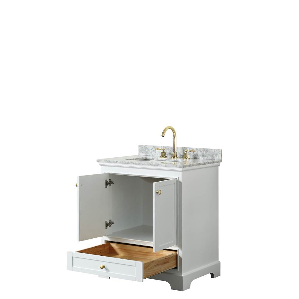 Deborah 30 Inch Single Bathroom Vanity in White, White Carrara Marble Countertop, Undermount Square Sink, Brushed Gold Trim, No Mirror