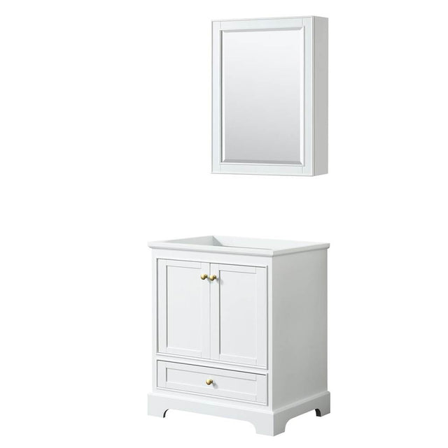 Wyndham Collection - Deborah 30 Inch Single Bathroom Vanity in White, No Countertop, No Sink, Brushed Gold Trim, Medicine Cabinet