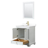 Deborah 30 Inch Single Bathroom Vanity in White, White Cultured Marble Countertop, Undermount Square Sink, Brushed Gold Trim, 24 Inch Mirror