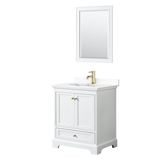 Wyndham Collection - Deborah 30 Inch Single Bathroom Vanity in White, White Cultured Marble Countertop, Undermount Square Sink, Brushed Gold Trim, 24 Inch Mirror