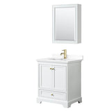 Wyndham Collection - Deborah 30 Inch Single Bathroom Vanity in White, White Cultured Marble Countertop, Undermount Square Sink, Brushed Gold Trim, Medicine Cabinet