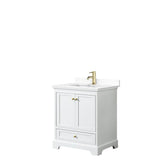 Wyndham Collection - Deborah 30 Inch Single Bathroom Vanity in White, White Cultured Marble Countertop, Undermount Square Sink, Brushed Gold Trim, No Mirror