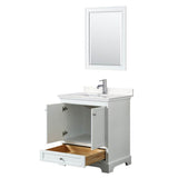 Deborah 30 Inch Single Bathroom Vanity in White, Carrara Cultured Marble Countertop, Undermount Square Sink, 24 Inch Mirror