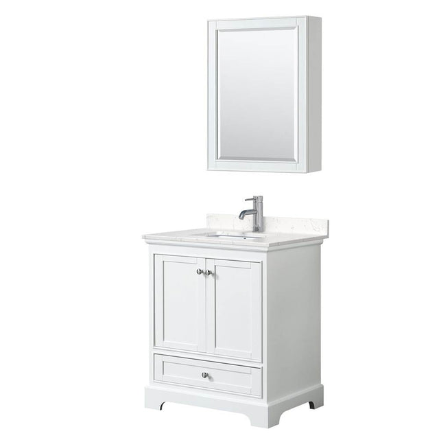 Wyndham Collection - Deborah 30 Inch Single Bathroom Vanity in White, Carrara Cultured Marble Countertop, Undermount Square Sink, Medicine Cabinet