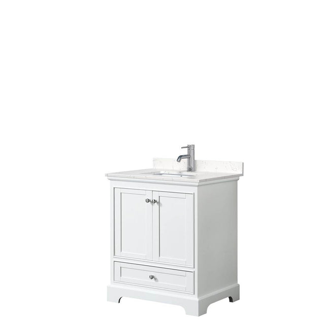 Wyndham Collection - Deborah 30 Inch Single Bathroom Vanity in White, Carrara Cultured Marble Countertop, Undermount Square Sink, No Mirror