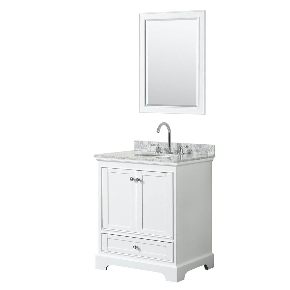 Wyndham Collection - Deborah 30 Inch Single Bathroom Vanity in White, White Carrara Marble Countertop, Undermount Oval Sink, and 24 Inch Mirror - White