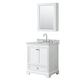 Wyndham Collection - Deborah 30 Inch Single Bathroom Vanity in White, White Carrara Marble Countertop, Undermount Oval Sink, and Medicine Cabinet - White
