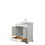Deborah 30 Inch Single Bathroom Vanity in Dark Espresso, White Carrara Marble Countertop, Undermount Oval Sink, and No Mirror