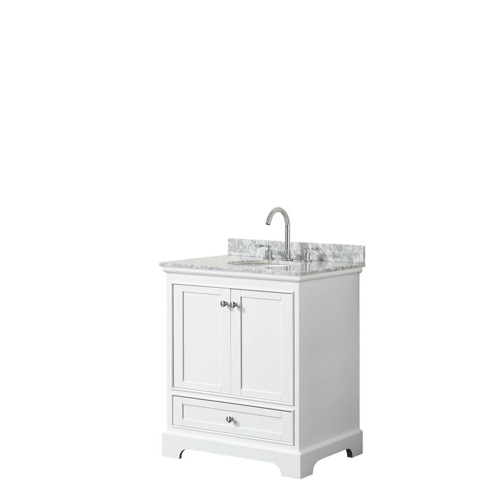 Wyndham Collection - Deborah 30 Inch Single Bathroom Vanity in White, White Carrara Marble Countertop, Undermount Oval Sink, and No Mirror - White