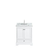 Deborah 30 Inch Single Bathroom Vanity in Dark Espresso, White Carrara Marble Countertop, Undermount Square Sink, and No Mirror