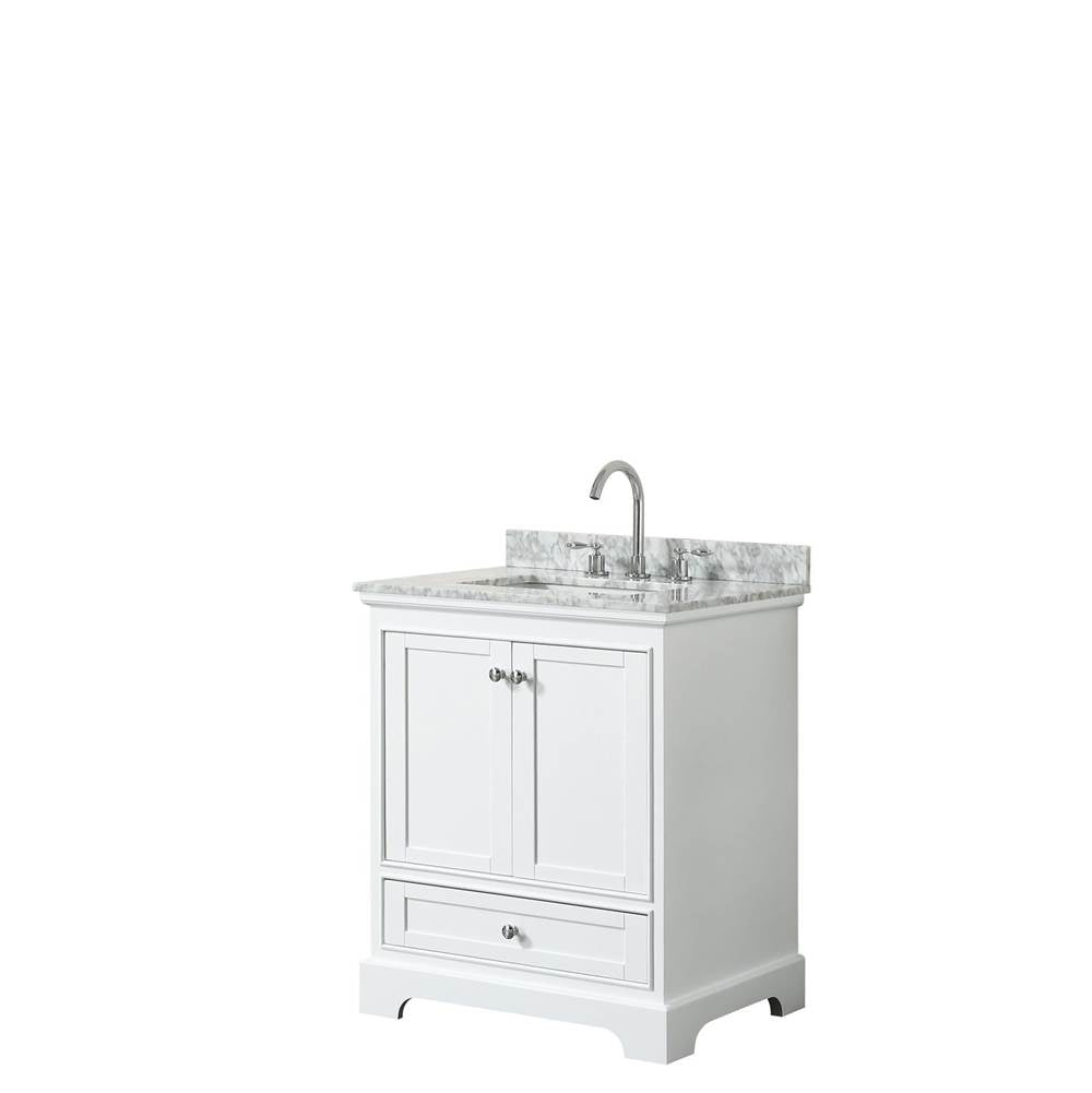 Wyndham Collection - Deborah 30 Inch Single Bathroom Vanity in White, White Carrara Marble Countertop, Undermount Square Sink, and No Mirror - White