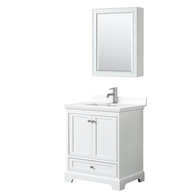 Wyndham Collection - Deborah 30 Inch Single Bathroom Vanity in White, White Cultured Marble Countertop, Undermount Square Sink, Medicine Cabinet