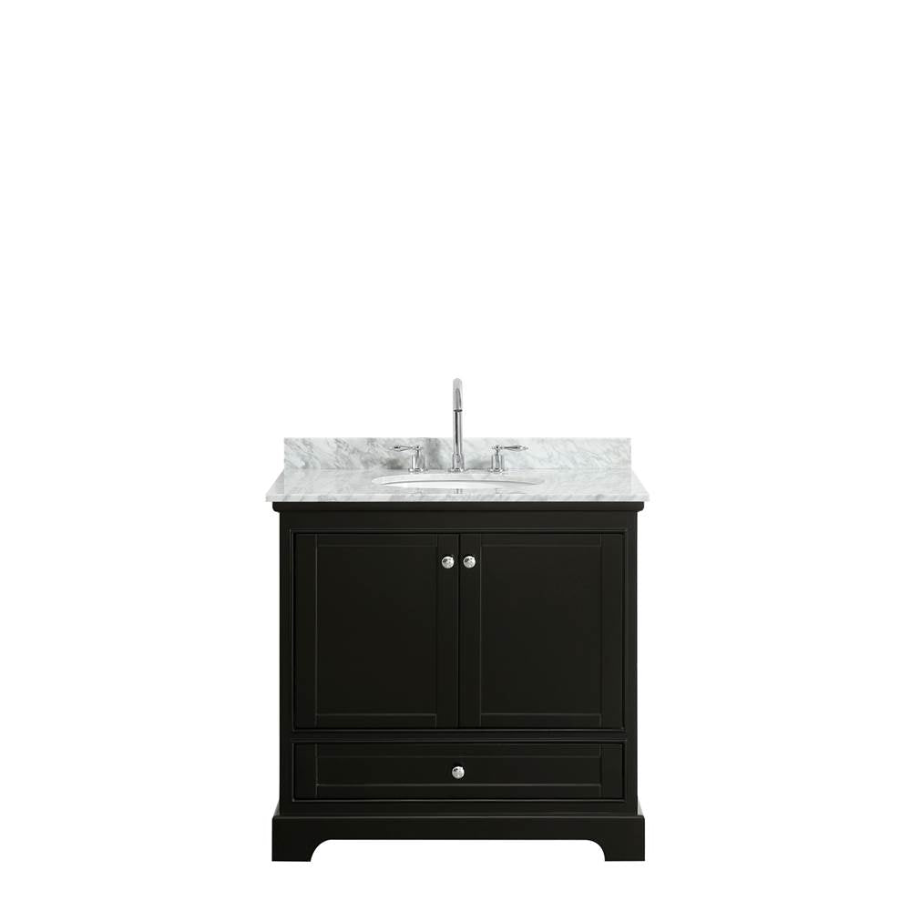 Deborah 36 Inch Single Bathroom Vanity in Dark Espresso, White Carrara Marble Countertop, Undermount Oval Sink, and No Mirror