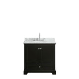 Deborah 36 Inch Single Bathroom Vanity in Dark Espresso, White Carrara Marble Countertop, Undermount Oval Sink, and No Mirror