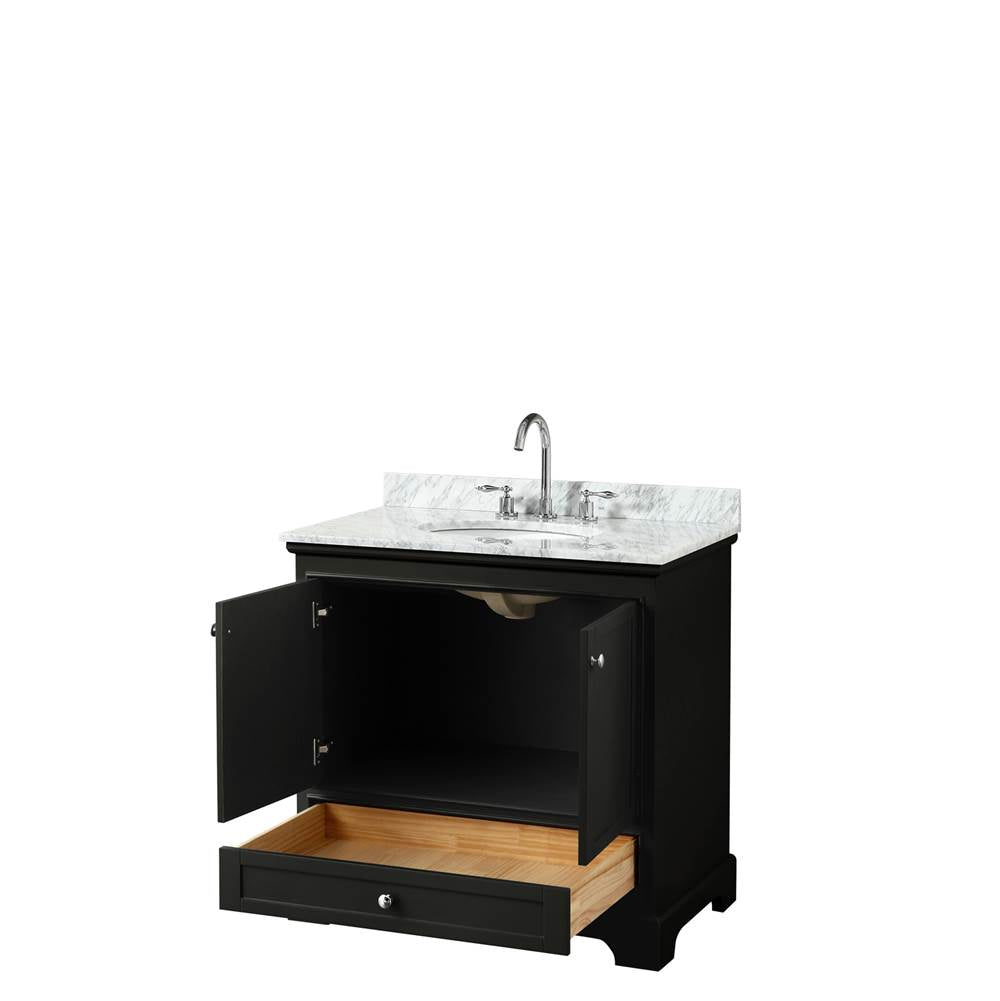 Deborah 36 Inch Single Bathroom Vanity in Dark Espresso, White Carrara Marble Countertop, Undermount Oval Sink, and No Mirror