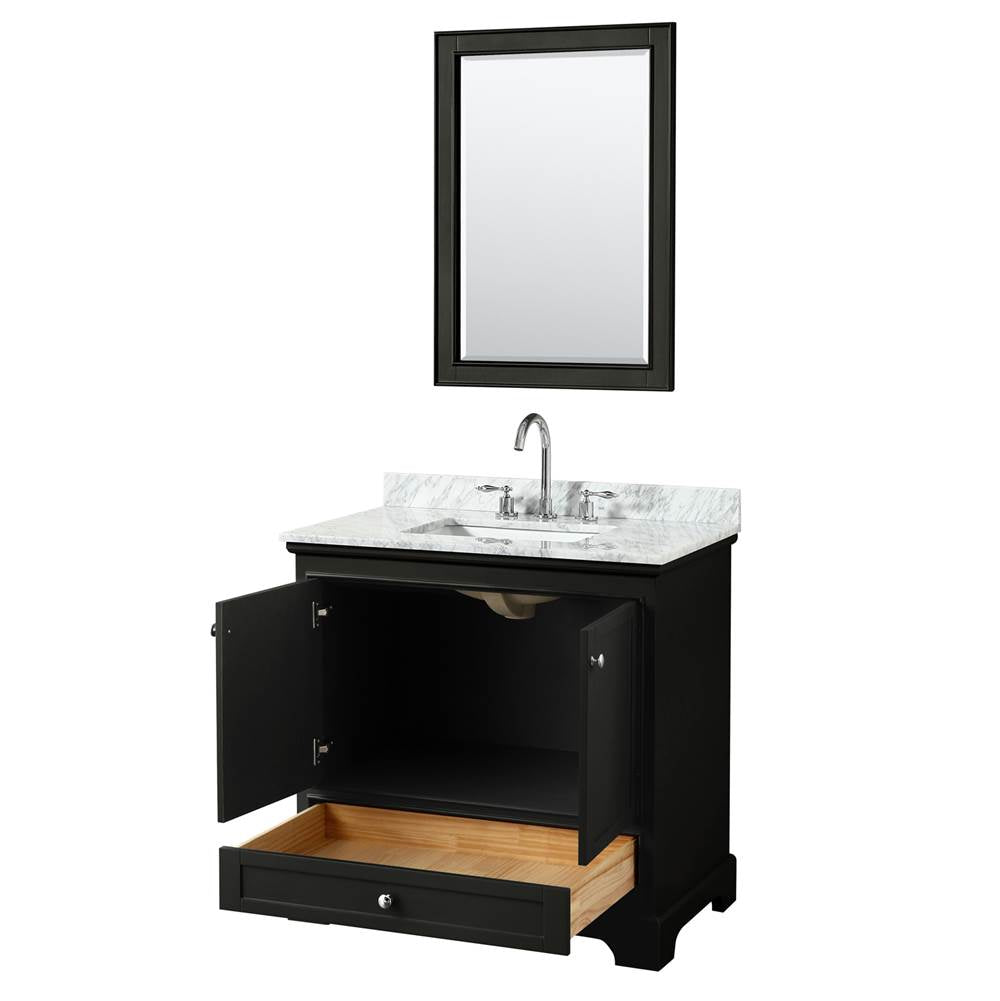 Deborah 36 Inch Single Bathroom Vanity in Dark Espresso, White Carrara Marble Countertop, Undermount Square Sink, and 24 Inch Mirror