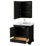 Deborah 36 Inch Single Bathroom Vanity in Dark Espresso, White Carrara Marble Countertop, Undermount Square Sink, and Medicine Cabinet