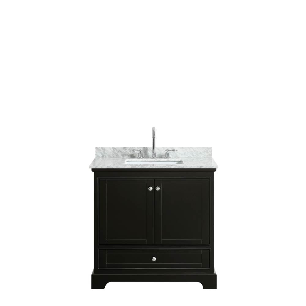 Deborah 36 Inch Single Bathroom Vanity in Dark Espresso, White Carrara Marble Countertop, Undermount Square Sink, and No Mirror