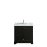 Deborah 36 Inch Single Bathroom Vanity in Dark Espresso, White Carrara Marble Countertop, Undermount Square Sink, and No Mirror