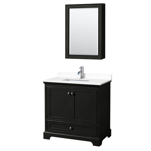 Wyndham Collection - Deborah 36 Inch Single Bathroom Vanity in Dark Espresso, White Cultured Marble Countertop, Undermount Square Sink, Medicine Cabinet