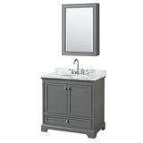 Wyndham Collection - Deborah 36 Inch Single Bathroom Vanity in Dark Gray, White Carrara Marble Countertop, Undermount Oval Sink, and Medicine Cabinet - Dark Gray