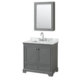 Wyndham Collection - Deborah 36 Inch Single Bathroom Vanity in Dark Gray, White Carrara Marble Countertop, Undermount Square Sink, and Medicine Cabinet - Dark Gray
