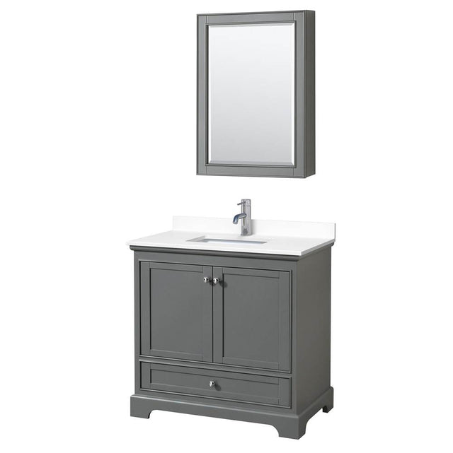 Wyndham Collection - Deborah 36 Inch Single Bathroom Vanity in Dark Gray, White Cultured Marble Countertop, Undermount Square Sink, Medicine Cabinet