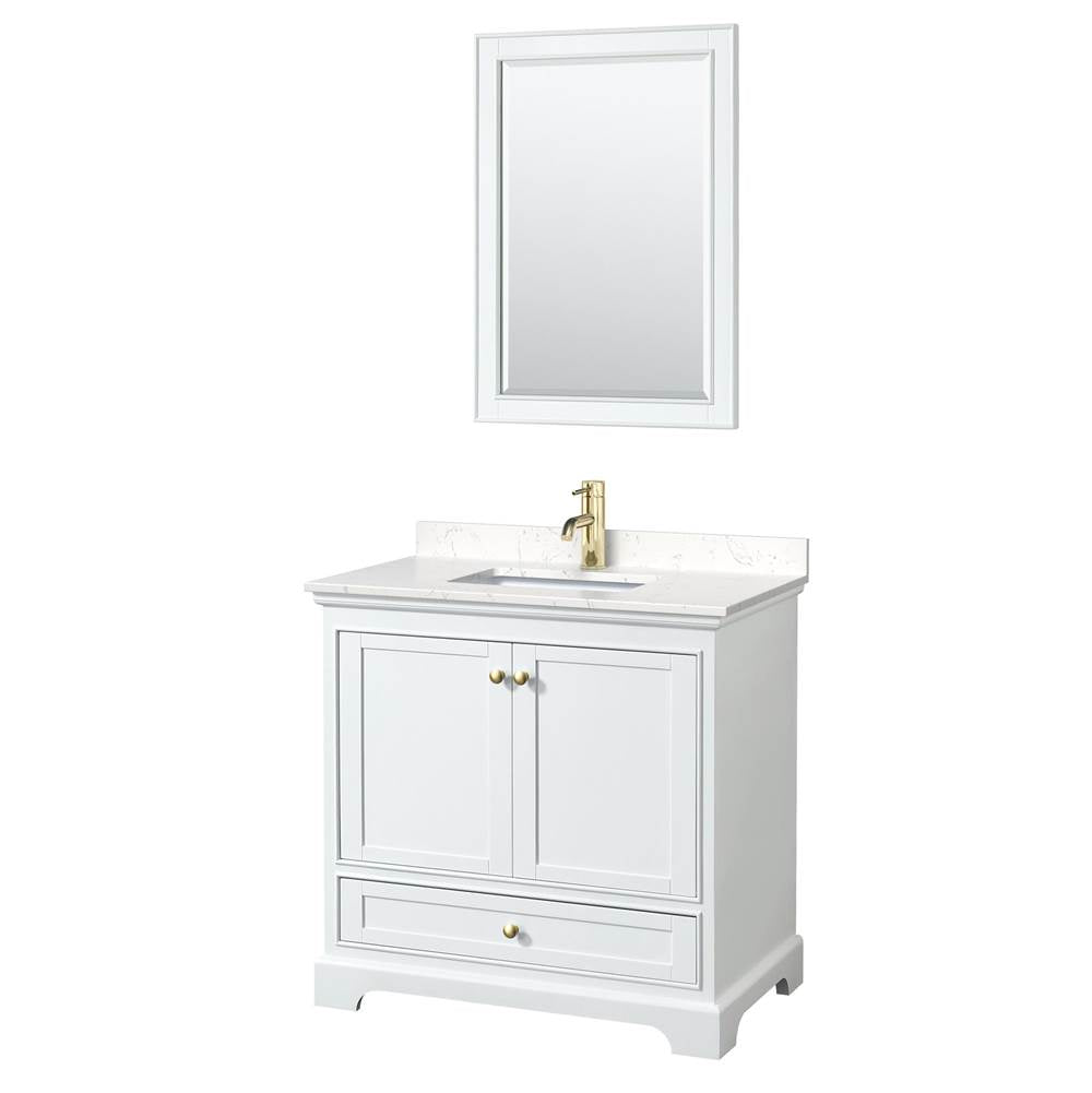 Wyndham Collection - Deborah 36 Inch Single Bathroom Vanity in White, Carrara Cultured Marble Countertop, Undermount Square Sink, Brushed Gold Trim, 24 Inch Mirror