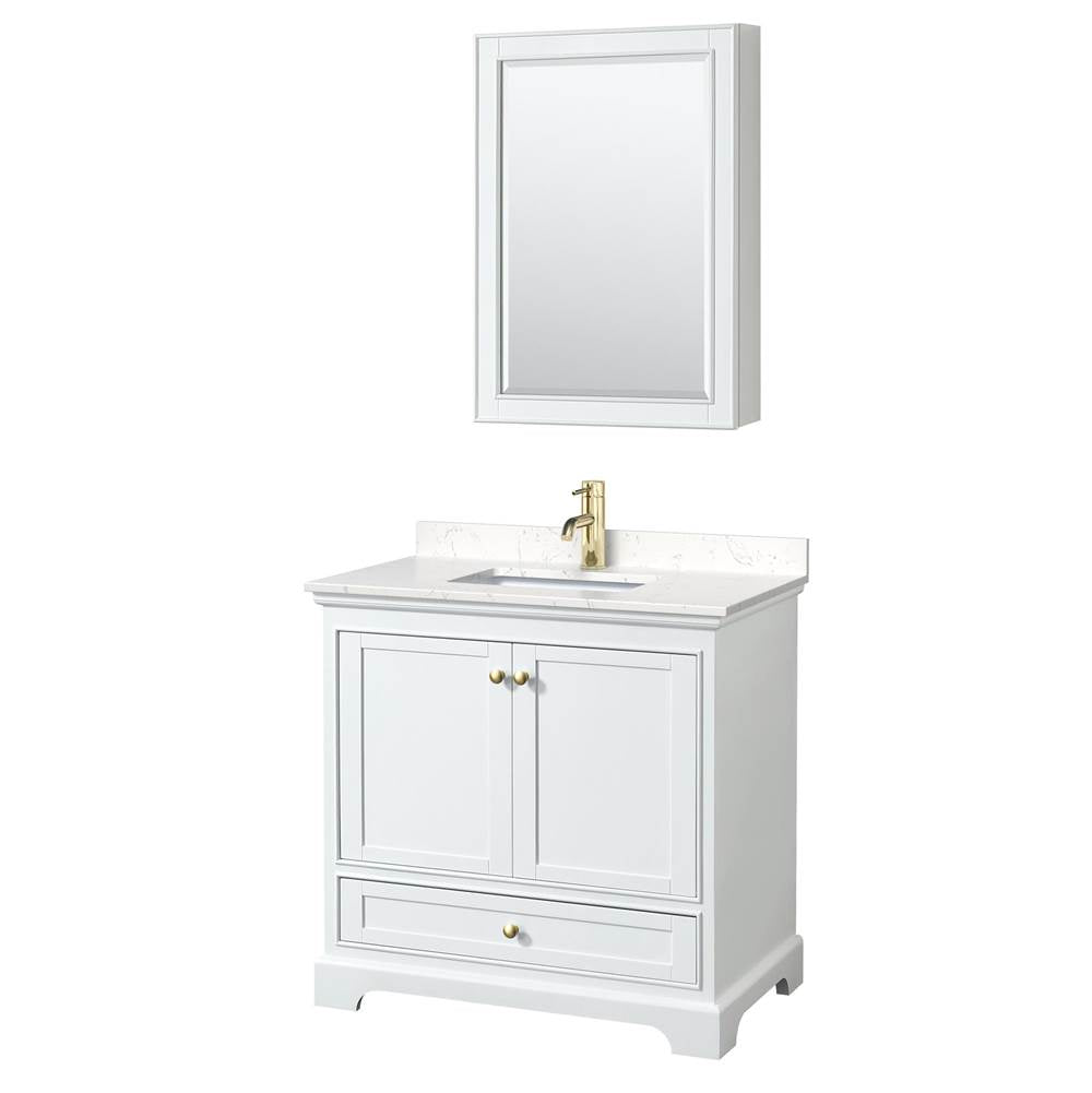 Wyndham Collection - Deborah 36 Inch Single Bathroom Vanity in White, Carrara Cultured Marble Countertop, Undermount Square Sink, Brushed Gold Trim, Medicine Cabinet
