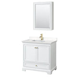 Wyndham Collection - Deborah 36 Inch Single Bathroom Vanity in White, Carrara Cultured Marble Countertop, Undermount Square Sink, Brushed Gold Trim, Medicine Cabinet