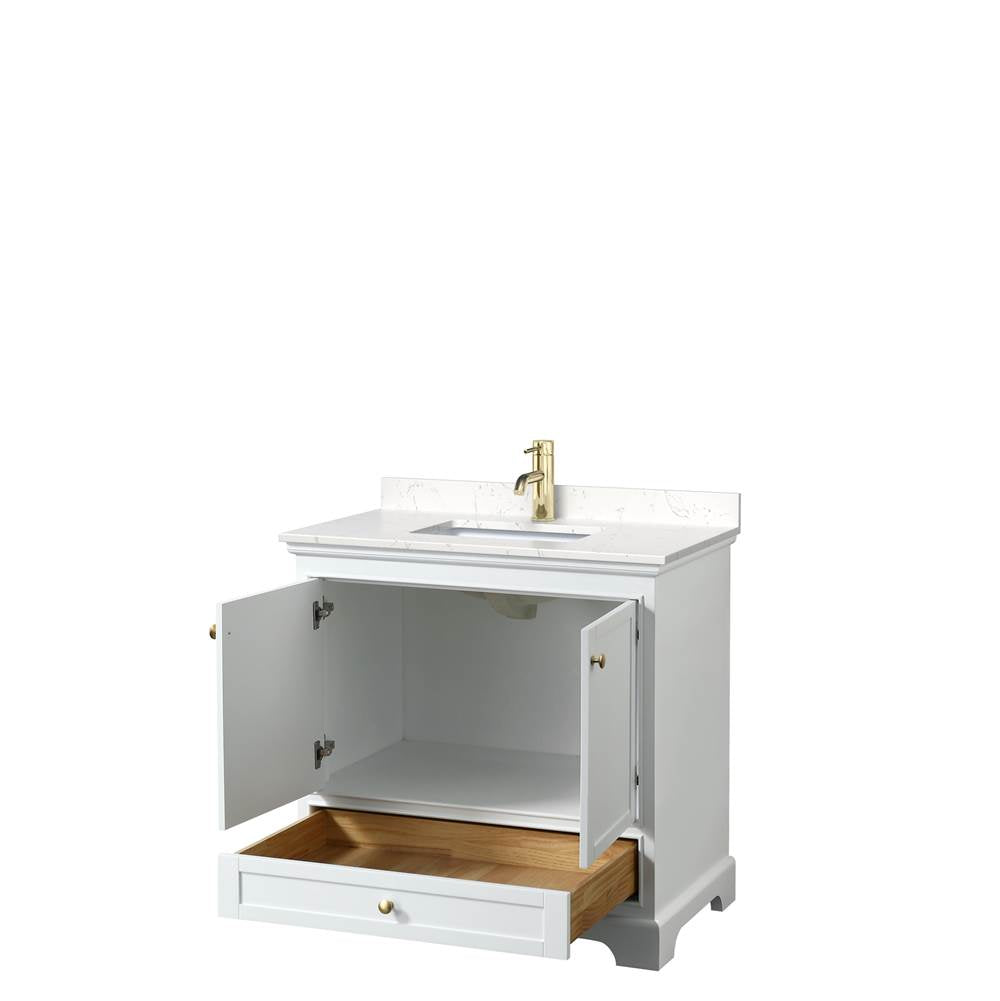 Deborah 36 Inch Single Bathroom Vanity in White, Carrara Cultured Marble Countertop, Undermount Square Sink, Brushed Gold Trim, No Mirror