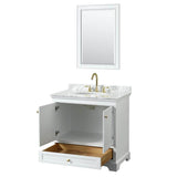 Deborah 36 Inch Single Bathroom Vanity in White, White Carrara Marble Countertop, Undermount Oval Sink, Brushed Gold Trim, 24 Inch Mirror