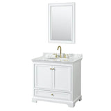 Wyndham Collection - Deborah 36 Inch Single Bathroom Vanity in White, White Carrara Marble Countertop, Undermount Oval Sink, Brushed Gold Trim, 24 Inch Mirror