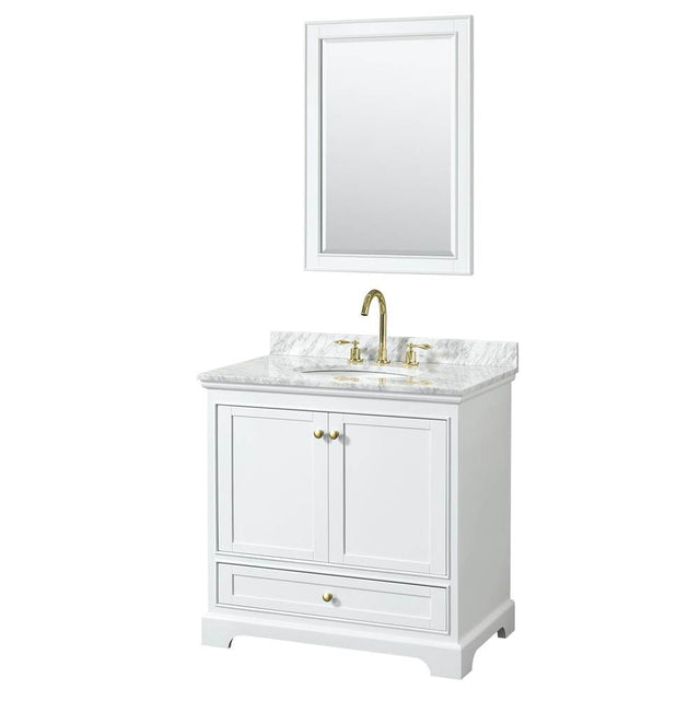 Wyndham Collection - Deborah 36 Inch Single Bathroom Vanity in White, White Carrara Marble Countertop, Undermount Oval Sink, Brushed Gold Trim, 24 Inch Mirror