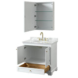 Deborah 36 Inch Single Bathroom Vanity in White, White Carrara Marble Countertop, Undermount Oval Sink, Brushed Gold Trim, Medicine Cabinet