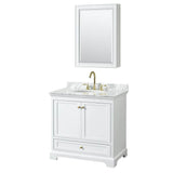Wyndham Collection - Deborah 36 Inch Single Bathroom Vanity in White, White Carrara Marble Countertop, Undermount Oval Sink, Brushed Gold Trim, Medicine Cabinet