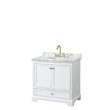 Wyndham Collection - Deborah 36 Inch Single Bathroom Vanity in White, White Carrara Marble Countertop, Undermount Oval Sink, Brushed Gold Trim, No Mirror