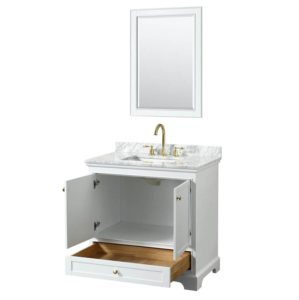 Deborah 36 Inch Single Bathroom Vanity in White, White Carrara Marble Countertop, Undermount Square Sink, Brushed Gold Trim, 24 Inch Mirror