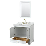 Deborah 36 Inch Single Bathroom Vanity in White, White Carrara Marble Countertop, Undermount Square Sink, Brushed Gold Trim, 24 Inch Mirror