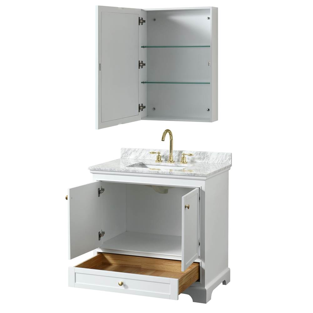 Deborah 36 Inch Single Bathroom Vanity in White, White Carrara Marble Countertop, Undermount Square Sink, Brushed Gold Trim, Medicine Cabinet